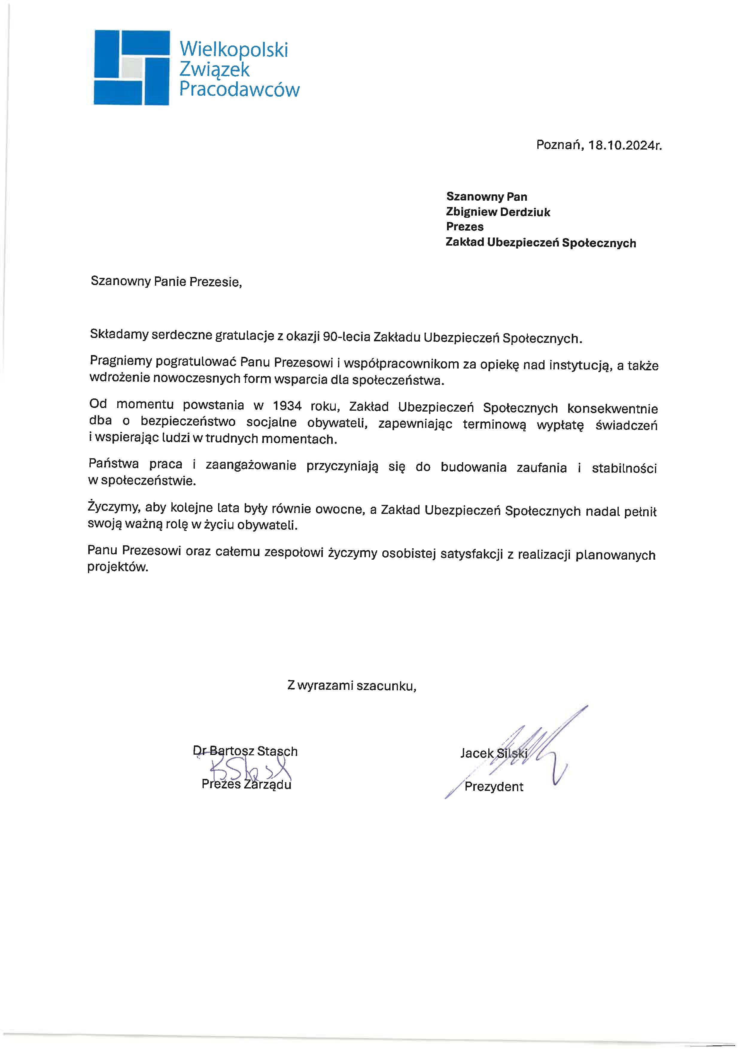 list gratulacyjny wielkopolski związek pracodawców