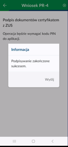 aplikacja mZUS dla lekarza - wniosek PR-4 screen 2 podpisz dokument certyfikatem z ZUS i wyślij - link do powiększonej grafiki