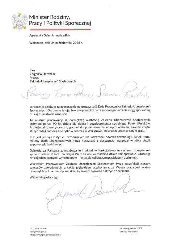 list gratulacyjny z okazji Dnia Pracownika ZUS z MRPiPS