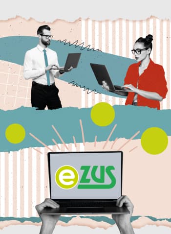 plakat o eZUS - kobieta w czerwonej marynarce i mężczyzna w białej koszuli, stoją i pisza na laptopach, pod nimi ekran lapropa z napisem eZUS